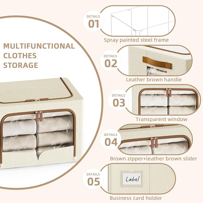 FHSQX 6 Pack Clothes Storage Bins - Foldable Storage Bins for Clothes Fabric Storage Box with Metal Frame (Beige, 16.5x12.2x12.2 inch)