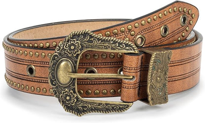 INOGIH Adjustable-Vintage-Western-Cowboy-Belt Women Men - Cowboy-Style Engraved-Buckle Belt for Jeans Pants Dresses