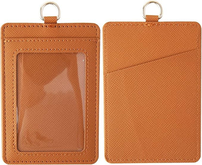 Leather ID Badge Holder,Slim Minimalist Elastic Credit Card Holder, Vertical Credit Card Holder for Men & Women with Neck Lanyard (Brown-A)