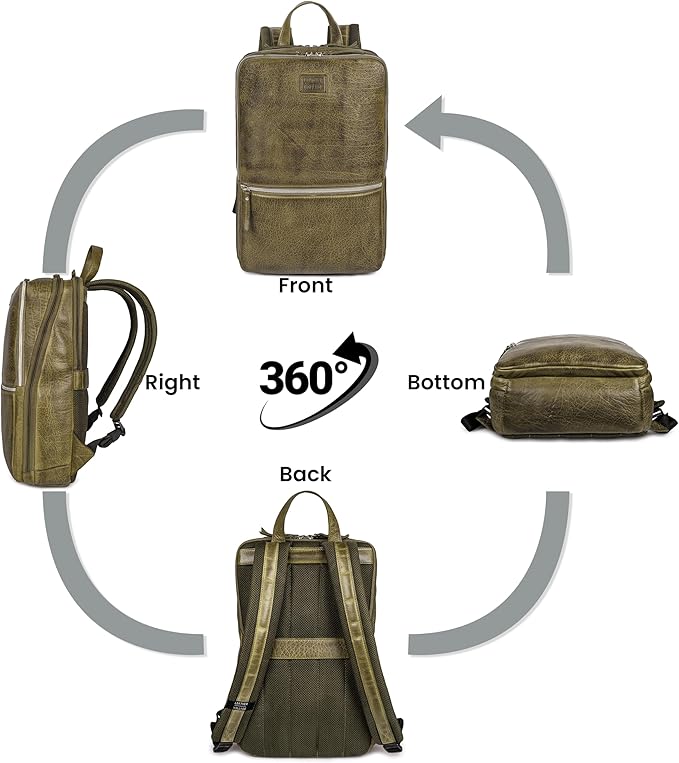 LEATHER VILLAGE Leather Laptop Backpack for Men | Olive | Slim Professional Business Bag Fits 15.6”-Laptop | Water-Repellent Work & Travel Daypack with Trolley Strap