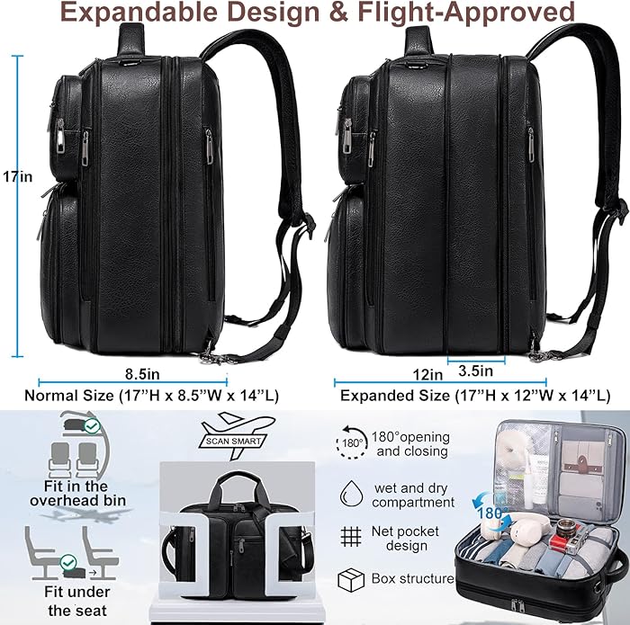 weiatas 3-in-1 Vegan Leather Convertible Laptop Bag for Men Women, Expandable Travel Backpack Work Briefcase Messenger Bag | Convertible, Expandable, Multi-pocket, Waterproof