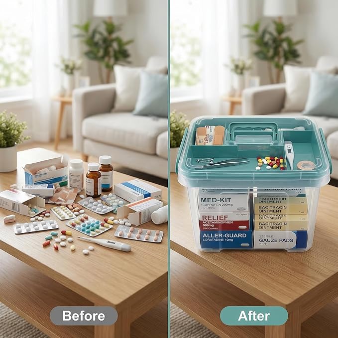 Pulseplay Clear Medicine Organizer Storage Box with Handle Medicine Organizer Box with Removable Tray Multipurpose Medicine Container Chest (Green)