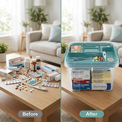 Pulseplay Clear Medicine Organizer Storage Box with Handle Medicine Organizer Box with Removable Tray Multipurpose Medicine Container Chest (Green)
