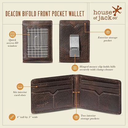 House of Jack Co. Deacon Bifold Money Clip Wallet for Men – Slim Front Pocket Leather Wallet with Metal Cash Clip, Exterior ID Window & Card Holder, Full-Grain Cowhide, Brown