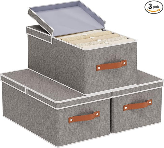 3-Pack Storage Boxes, Foldable Blanket Basket with Detachable Lid, Linen Closet 0rganizers with Double Handles, Collapsible Cubes for Organizing, Grey, 18.5 x 11 x 7.9 in
