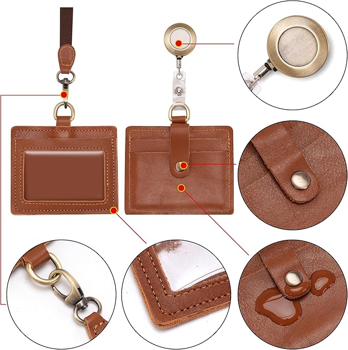 Wonderpool Leather Horizontal Badge Holder with Detachable Neck Lanyard and Retractable Badge Reel Clip, Card Slots Case ID Card Holder for ID Badges Card and Driver Licence (Brown)
