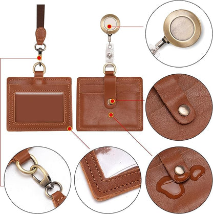 Wonderpool Leather Horizontal Badge Holder with Detachable Neck Lanyard and Retractable Badge Reel Clip, Card Slots Case ID Card Holder for ID Badges Card and Driver Licence (Brown)