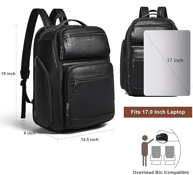 Vegan Leather Backpack, 40L Expandable, TSA Travel Backpack for Men and Women, Fits 17.0 Inch Notebook with Luggage Strap and USB Port, Black