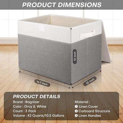 Bagnizer Large 17" 42 Quarts Collapsible Stackable Storage Bins with Lids [3-Pack] Foldable Fabric Linen Storage Boxes Cube, Closet Organizer Baskets with Label (16.7 x 12 x 12, Gray & White)