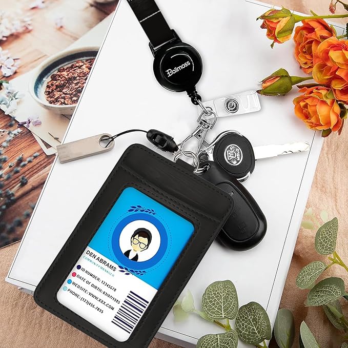 bolimoss ID Badge Holder with Lanyard, Pu Leather Breakaway Lanyards for Id Badges, Adjustable Landyards with Retractable Reel Clip with Quick Release Buckles,for Office Worker Nurse Teacher Student