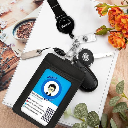 bolimoss ID Badge Holder with Lanyard, Pu Leather Breakaway Lanyards for Id Badges, Adjustable Landyards with Retractable Reel Clip with Quick Release Buckles,for Office Worker Nurse Teacher Student