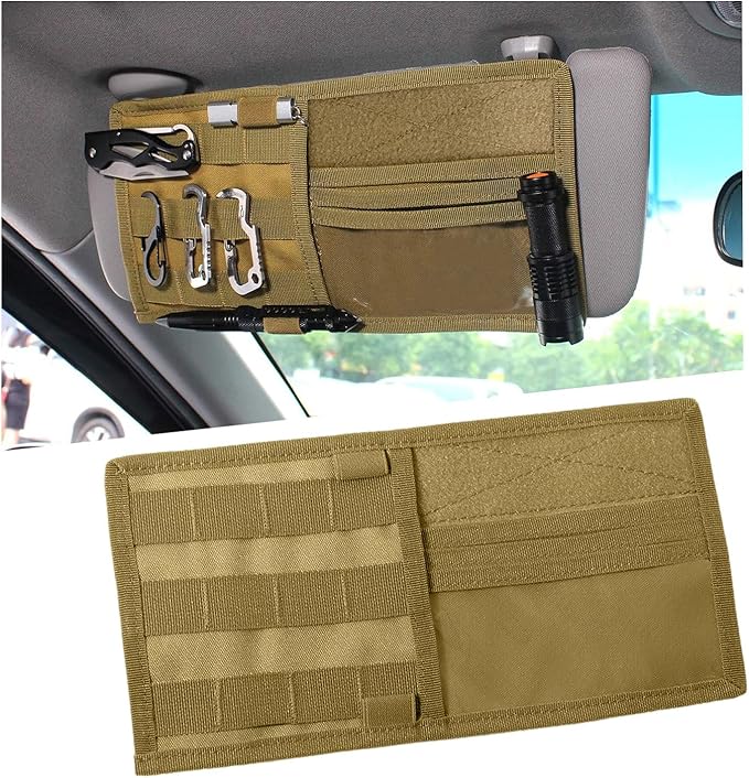 povtii Car Sun Visor Organizer, Tactical Nylon Vehicle Visor Panel Storage Holder Pouch Bag, Molle Multifunctional Sunshade Pocket for Pen Card Sunglasses, Car Accessories (Khaki)