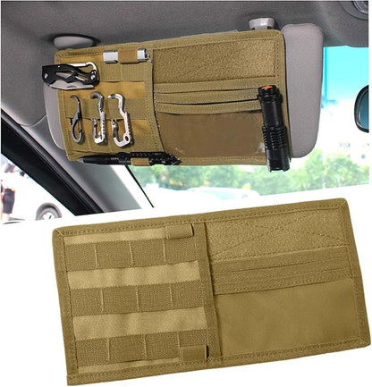 povtii Car Sun Visor Organizer, Tactical Nylon Vehicle Visor Panel Storage Holder Pouch Bag, Molle Multifunctional Sunshade Pocket for Pen Card Sunglasses, Car Accessories (Khaki)