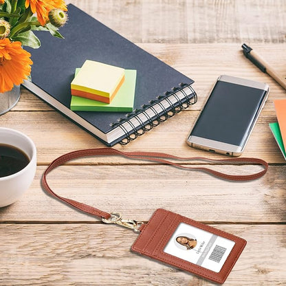 ID Badge Holder with Lanyard, Vertical PU Leather ID Badge Card Holder with 1 Clear ID Window, 4 Credit Card Slots and a Detachable Neck Lanyard (Brown)