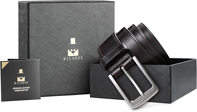 MILORDE Men's Genuine Leather Dress Belt, Handmade, 100% Cow Leather, Fashion & Classic Designs for Work Business and Casual