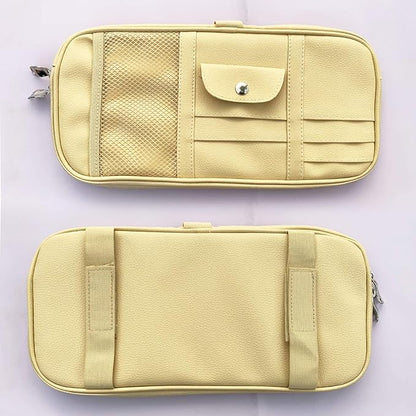 Da by Car Sun Visor Organizer, Multi-Pocket Visor Organizer Storage Pouch for Cars, SUVs & Trucks with Double Zippers, Elastic Bands & Glasses Clip- Organizes Essentials Keep Tidy (Beige Light Yellow)