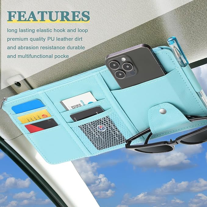 Boao 2 Packs Car Sun Visor Organizer, Sunglasses Holders for Car Sun Visor PU Auto Interior Accessories Storage Travel Document Holder with Multi Pocket (Blue, 12.2 x 6.1 Inches)