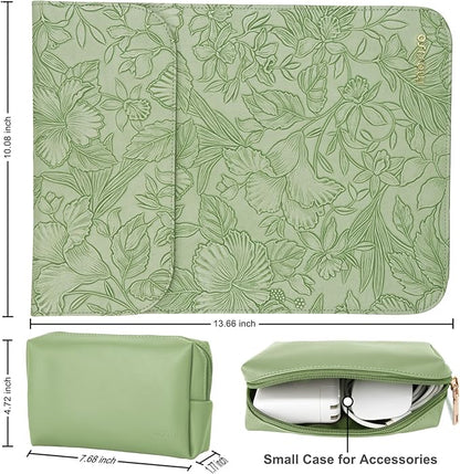 MOSISO Laptop Case 13 inch, 13 inch Laptop Sleeve Compatible with MacBook Air M4 M3 M2 M1 2025-2018 / Pro M2 M1 2025-2016, Embossed Retro Hibiscus PU Leather Case with Small Bag, Sage Green