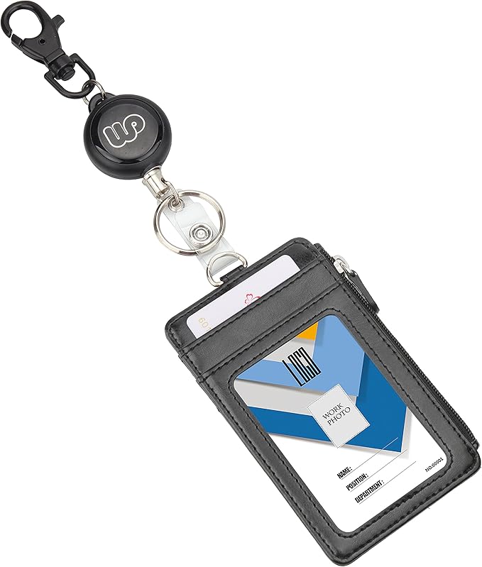 Wisdompro Badge Holder with Retractable Reel, Double Sided PU Leather ID Badge Card Holder Wallet with Zipper Pocket, 5 Card Slots for Office School ID, Driver's License - Black