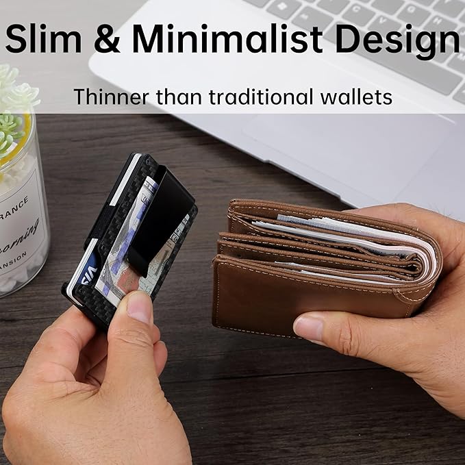 Minimalist Carbon Fiber Wallet for Men, Money Clip Cash Strap Wallet, RFID Blocking Metal Wallet Aluminum Card Holder,Front Pocket Wallet(Carbon Fiber)