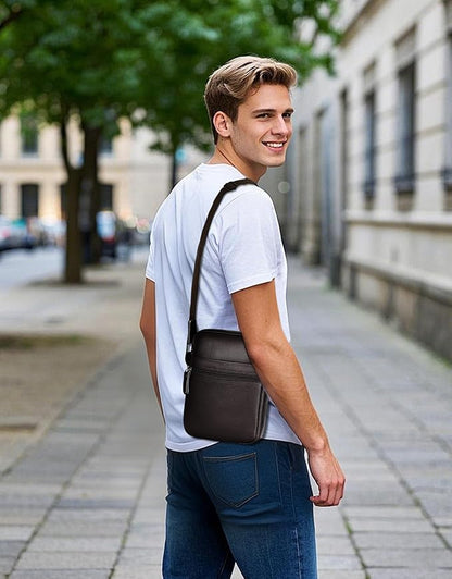 Leathario Men's Crossbody Shoulder Bag, Genuine Leather Small Messenger Satchel for Work Business Travel, Black Side Purse