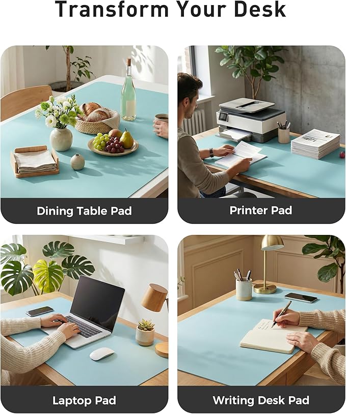 Aothia Faux Leather Desk Mat - Large Mouse Pad, Non-Slip PU Leather Blotter, Waterproof Writing Surface for Office and Home (Blue Topaz, 42" x 17")