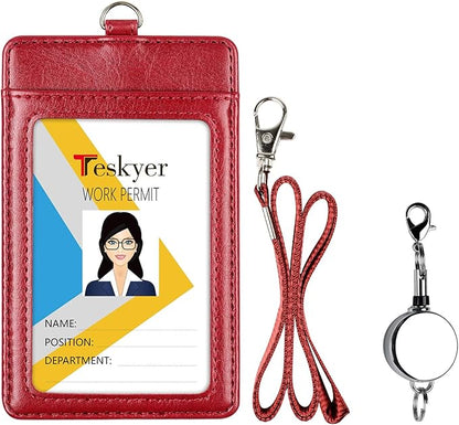 Teskyer Leather Badge Holder with Lanyard and Badge Reel, Retractable Lanyard ID Card Holder for Office School Name Work IDs, Wine Red