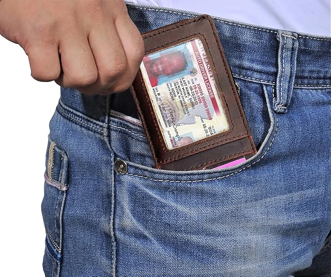 Leather Money Clip Front Pocket Wallets for Men RFID Blocking Strong Magnet Slim Wallet (Small Crazyhorse Brown)