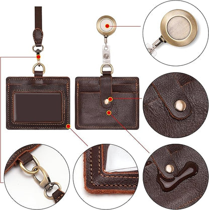Wonderpool Leather Horizontal Badge Holder with Detachable Neck Lanyard and Retractable Badge Reel Clip, Card Slots Case ID Card Holder for ID Badges Card and Driver Licence (Coffee)