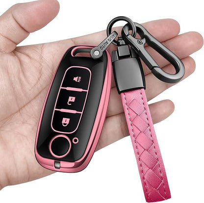 Sindeda for Nissan Key Fob Cover with Keychain Soft Full Protection Key Shell Key Case Compatible with 2023 2024 2025 Pathfinder Kicks Rouge(Pink, 3 Buttons)