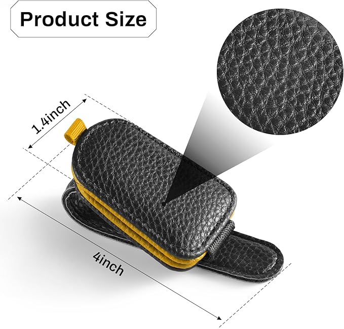 SINGARO Sunglasses Holder for Car, Leather Magnetic Buckle Sun Visor Sunglass Clip, Ticket Card Storage Glasses Clip, Car Interior Accessories for Men and Women（Black-Yellow）