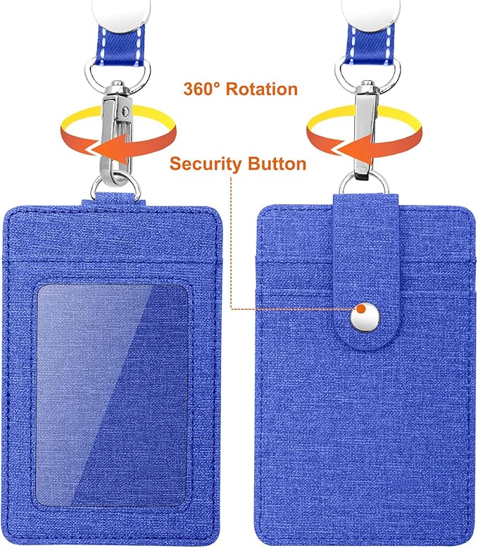 Life-Mate Badge Holder - Leather ID Badge Card Holder Wallet Case with 3 Cards Slot and Neck Lanyard/Strap. Additional Retractable Badge Reel with Belt Clip (Blue, Linen Finish)