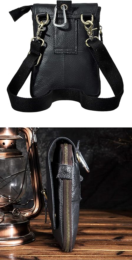 Le'aokuu Mens Genuine Leather Small Messenger Shoulder Satchel Phone Pouch Belt Waist Bag Pack