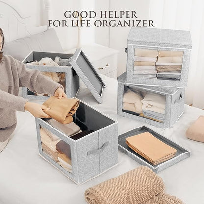 Homsorout Fabric Storage Bins with Lids, Large Storage Cubes with Window, Fabric Storage Baskets Bins for shelves, Closet Storage Boxes for Clothes, Towel, Office, 4 Packs, Blended