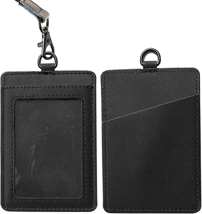 Leather Badge Holder, Vertical ID Card Holder with Clear Window, 2 Elastic Card Slots & Detachable Lanyard for Offices, Schools (Black-Twill)