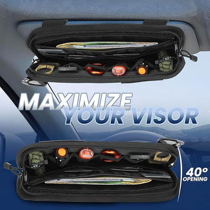 LEPHYON Molle Visor Organizer for Car, 1000D Polyester Tactical Panel Sun Glasses Holder with Zipper Pockets, Adjustable Straps for SUV Truck Pickup Patrol Car Storage (Black)