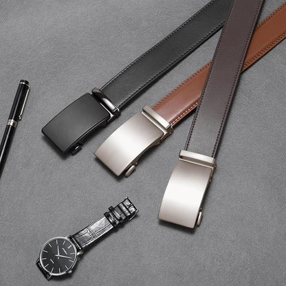 SENDEFN Men's Leather Belt Automatic Ratchet Buckle Slide Belt for Dress Casual Trim to Fit with Gift Box
