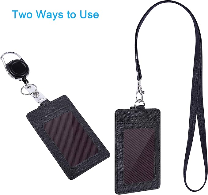 Wisdompro Retractable Badge Holder with Lanyard, Double Sided PU Leather ID Card Holder with Carabiner Badge Reel Clip and 18.8 inch Neck Lanyard - Black, Vertical