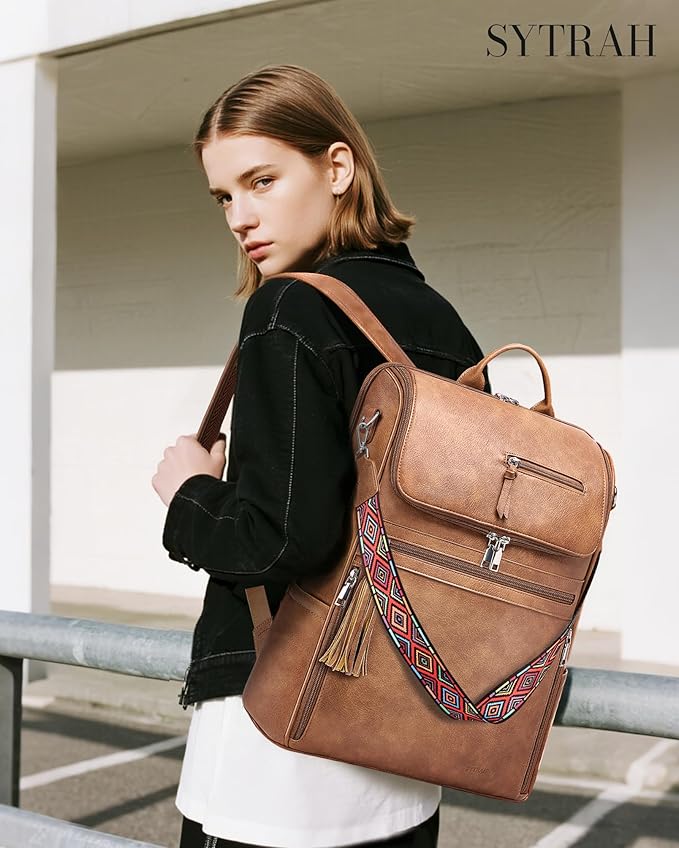 SYTRAH Leather Laptop Backpack for Women Designer Laptop Bag, 16.5 inch Travel Computer Backpacks Purse with Tassel for Work Business with Satchel Purse Brown