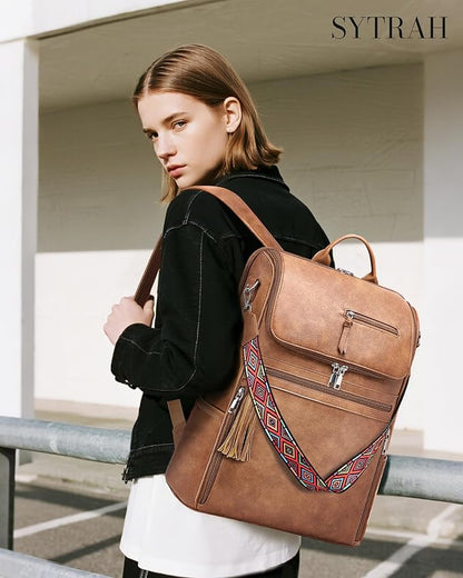 SYTRAH Leather Laptop Backpack for Women Designer Laptop Bag, 16.5 inch Travel Computer Backpacks Purse with Tassel for Work Business with Satchel Purse Brown