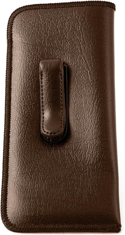 Calabria Soft Slip-In Glasses Case with Pocket Metal Clip Brown for Men/Women Synthetic Leather Felt Lining 6.5"x3"
