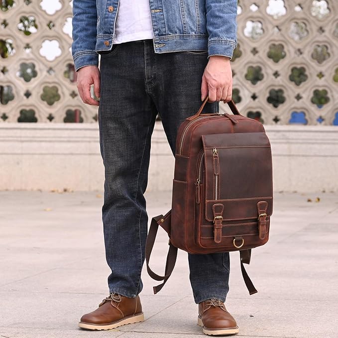 Vintage Full Grain Leather Backpack for Men, 16" Laptop Rucksack For Men Hiking Trave Work Business Bag, 1829 Brown