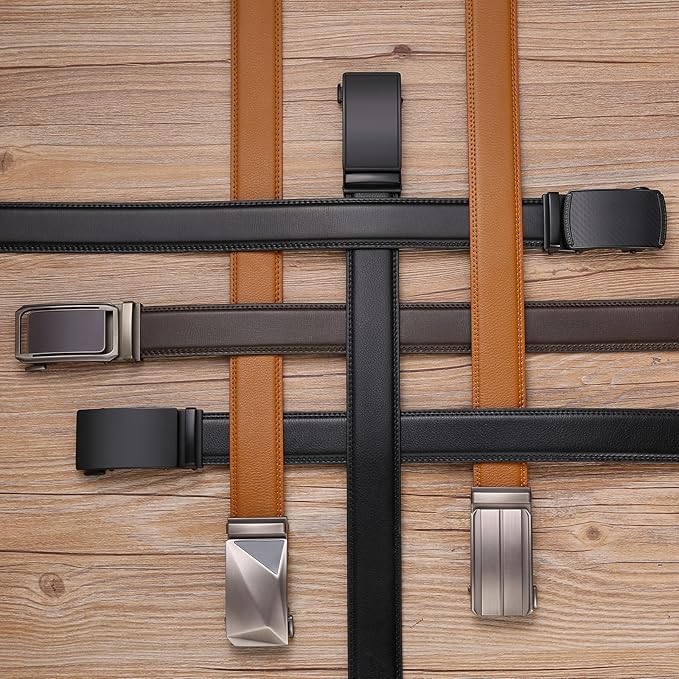 SENDEFN Men's Leather Belt Automatic Ratchet Buckle Slide Belt for Dress Casual Trim to Fit with Gift Box
