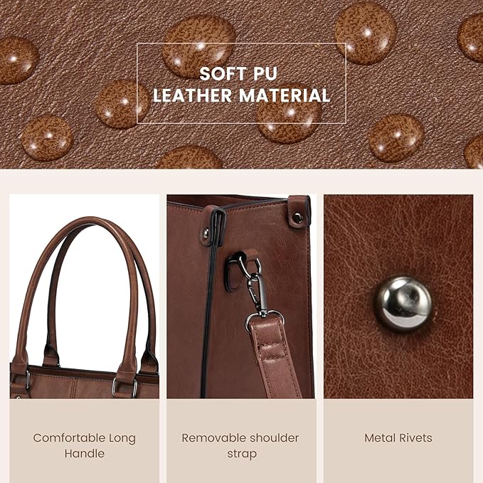LOVEVOOK Laptop Tote Bag for Women, 15.6 Inch Large Capacity Vintage Leather Work Computer Bag, Business Casual Shoulder Handbag, Chestnut Brown