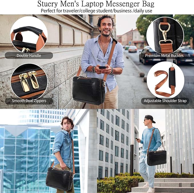 Stuery Faux Leather Messenger Bag for Men 17-17.3 Inch: Laptop Bag Briefcase Computer Handbags Shoulder Crossbody Bag with Padded Laptop Sleeve for Work College Travel, Black Brown