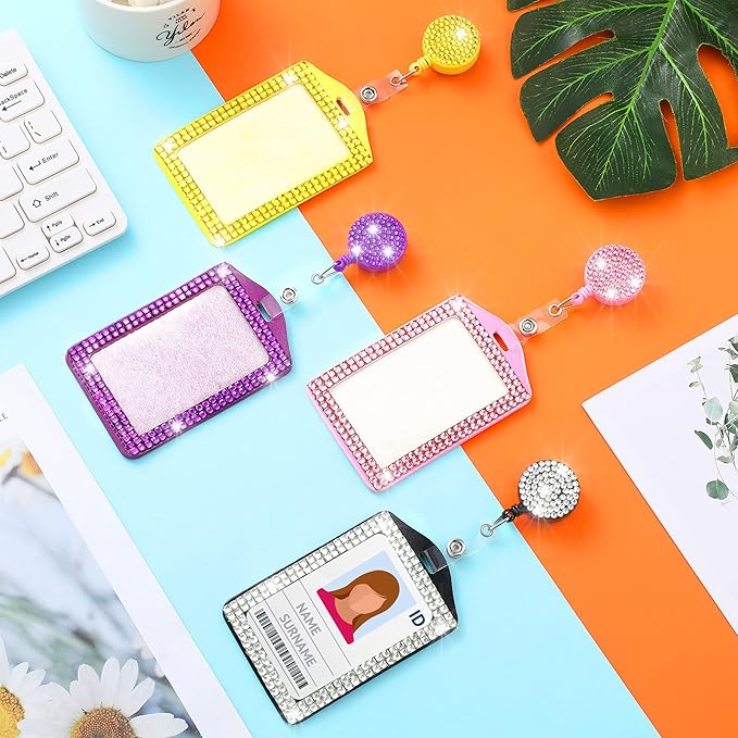4 Pieces Bling ID Badge Holder Rhinestones Badge Holder Rhinestone ID Small Reel Rhinestone Cute Bling Crystal Reel Card for Office Business Home(Vertical)