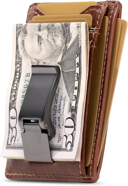 House of Jack Co. Flynn Hinged Money Clip Wallet for Men, Slim Front Pocket Card Holder, Full Grain Cowhide Leather Wallet, Brown