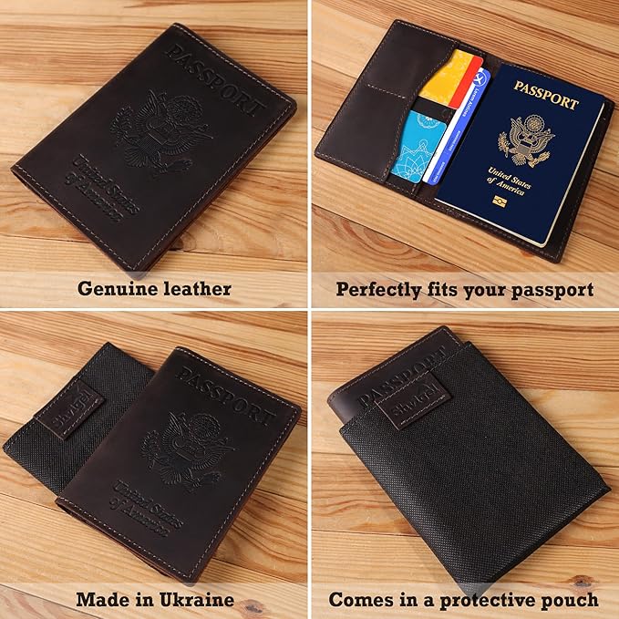 Shvigel Genuine Leather Passport Cover – Passport Holder for Men & Women – Crazy Horse Leather Travel Wallet Brown
