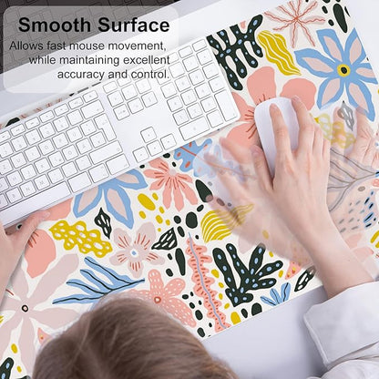 QiyI Floral Large Mouse Pad, Cute Desk Mat for Desktop, Women Girls Desk Accessories Office Décor, PU Leather Waterproof Big Gaming Mousepad, Doodle Flowers Desk Pad Computer Mat, 31.5" x 15.7"