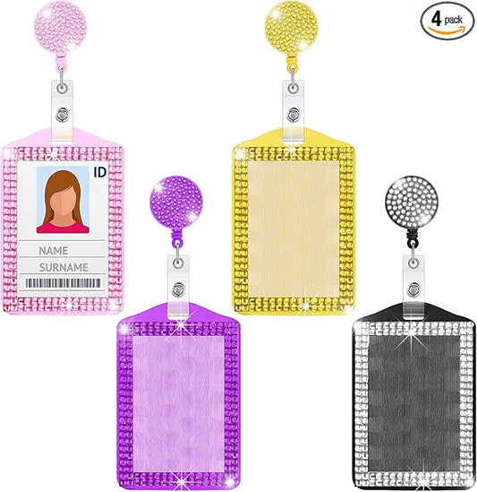 4 Pieces Bling ID Badge Holder Rhinestones Badge Holder Rhinestone ID Small Reel Rhinestone Cute Bling Crystal Reel Card for Office Business Home(Vertical)